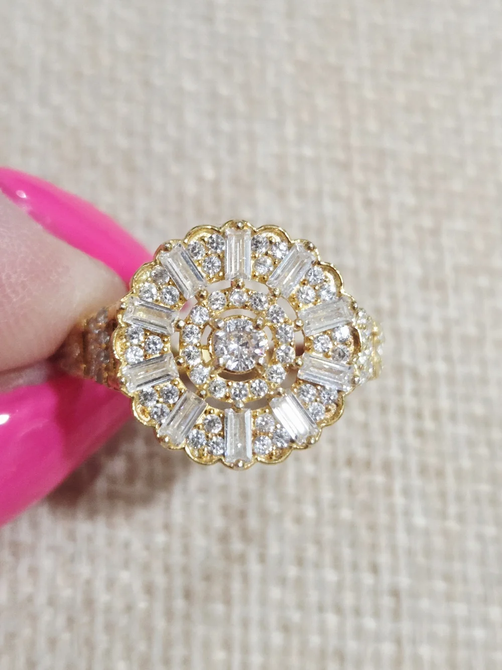 Gold Pink Halo Floral Ring - Size 7